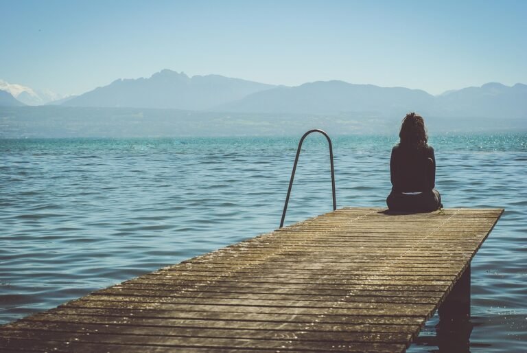 woman, dock, nature, lake, outdoors, person, pier, scenic, sitting, water, jetty, alone, sit, solitude, solitary, lonely